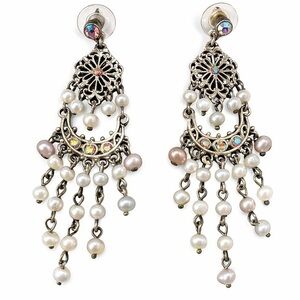 Vintage Silver Tone Chandelier Earrings w/ Pearls & Aurora Borealis Rhinestones